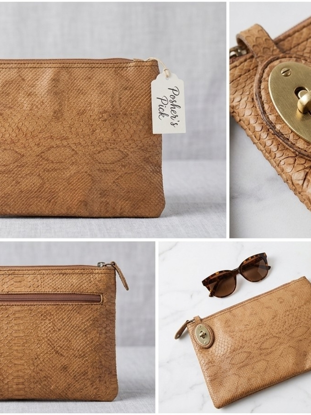 Tan Snake-Embossed Leather Zip Pouch